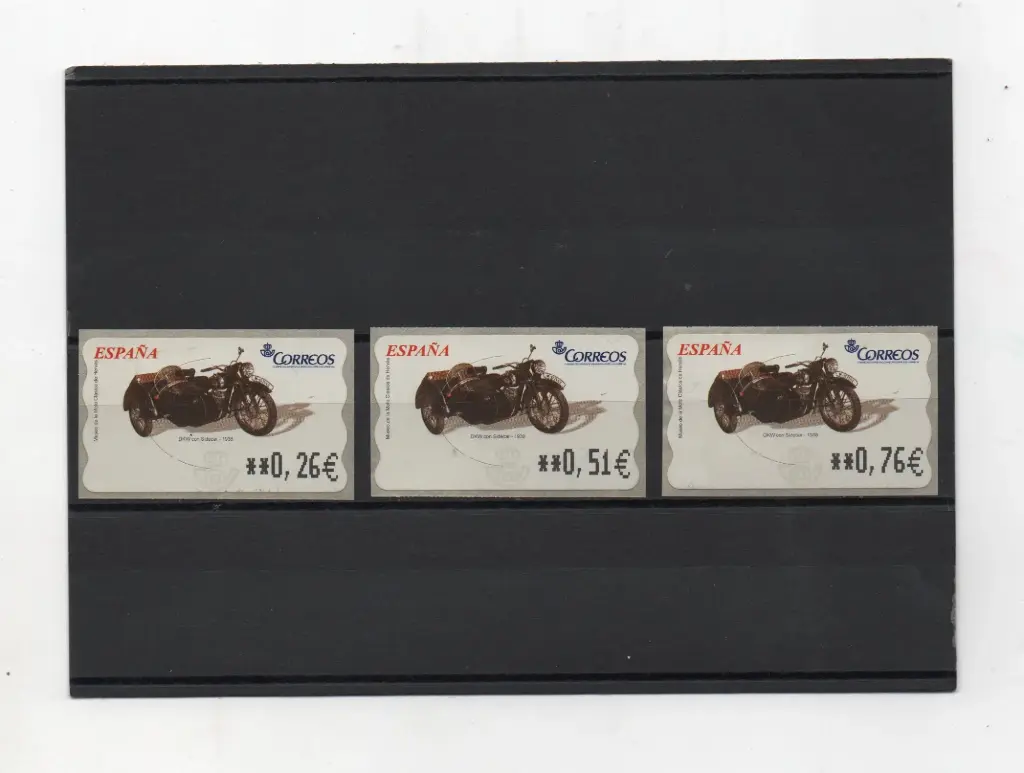 ETIQUETAS MOTOCICLETAS CLASICAS DKW CON SIDECAR 3 VALORES AÑO 2003