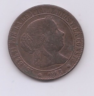 ESPAÑA ISABEL II DEL AÑO 1868 5 CENTIMOS DE ESCUDO