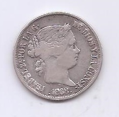 ESPAÑA ISABEL II DEL AÑO 1868 20 CENTIMOS DE PESO