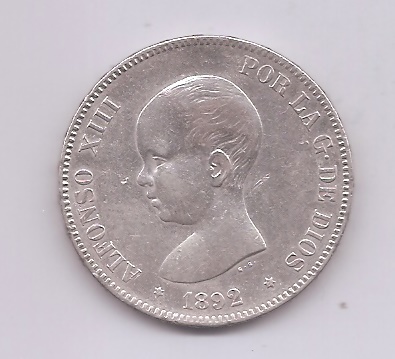 ALFONSO XIII DEL AÑO 1892 *92 DE 5 PESETAS