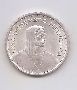 SUIZA DEL AÑO 1954 DE 5 FRANCOS