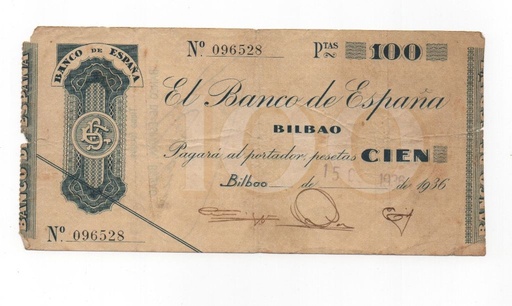 ESPAÑA BILLETE LOCAL REPUBLICANO DEL AÑO 1936 DE 100 PESETAS. BILBAO