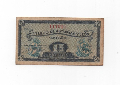 ESPAÑA BILLETE LOCAL REPUBLICANO DEL AÑO 1936 DE 25 CTS. CONSEJO DE ASTURIAS Y LEON