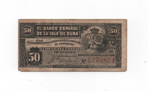 ESPAÑA BILLETE BANCO DE ESPAÑA DEL AÑO 1896 DE 0.50 CTS. ISLA DE CUBA