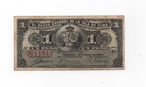 ESPAÑA BILLETE BANCO DE ESPAÑA DEL AÑO 1896 DE 1 PESO. ISLA DE CUBA