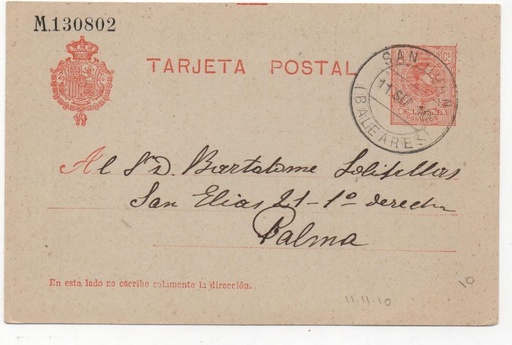 ESPAÑA POSTAL Nº 45 T. POSTAL SELLO ALFONSO XII DE 10 CENTIMOS