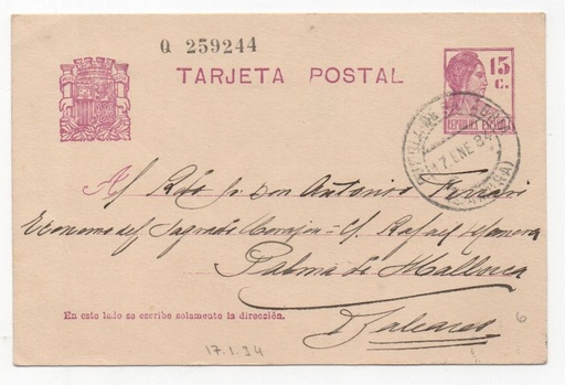 ESPAÑA POSTAL Nº 46 T. POSTAL SELLO REPUBLICA DE 15 CENTIMOS