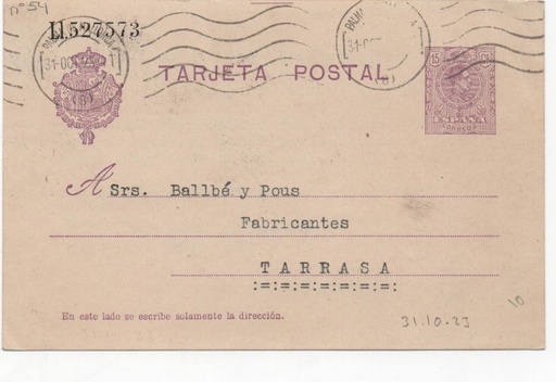 ESPAÑA POSTAL Nº 47 T. POSTAL SELLO ALFONSO XII DE 15 CENTIMOS
