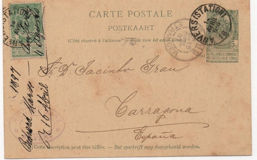 BELGICA POSTAL N-22 SELLO DE 5 CENTIMOS VERDE