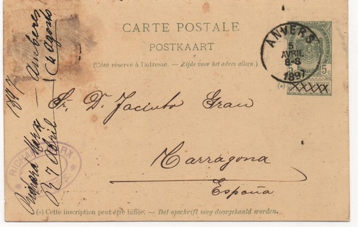 BELGICA POSTAL N-33 (SELLO 5 CTS VERDE)