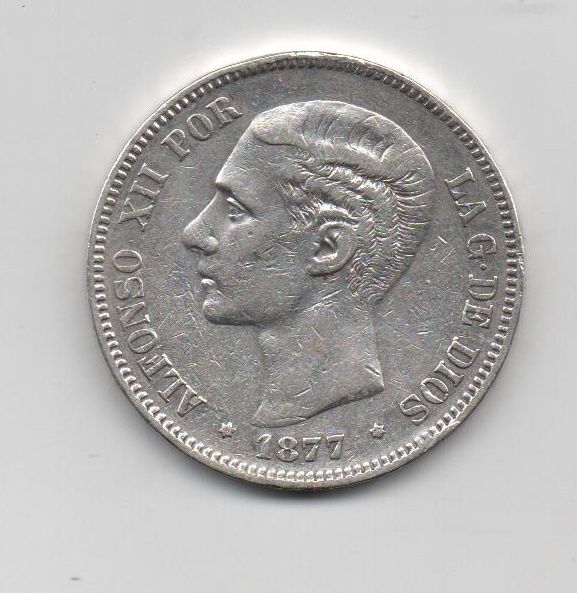 SPAIN ALFONSO XII 1877 *77 5 PESETAS