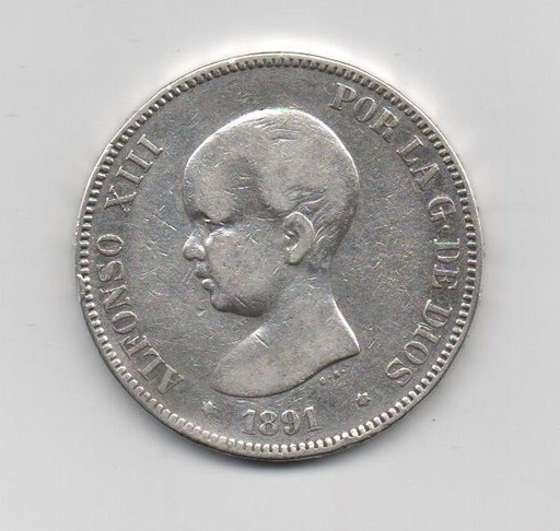 ALFONSO XIII DEL AÑO 1891 *91 DE 5 PESETAS