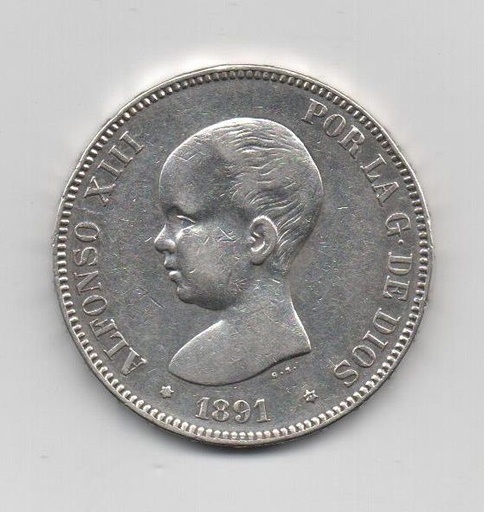 ALFONSO XIII DEL AÑO 1891 *91 DE 5 PESETAS
