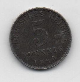 ALEMANIA IMPERIO DEL AÑO 1920 LETRA A DE 5 PFENNIG