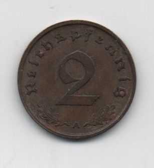 ALEMANIA REICH DEL AÑO 1937 LETRA A DE 2 REICHSPFENNIG