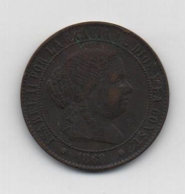 ESPAÑA ISABEL II DEL AÑO 1868 DE 2 1/2 CENTIMOS DE ESCUDO