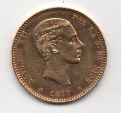 SPAIN ALFONSO XII 1877 *77 25 PESETAS