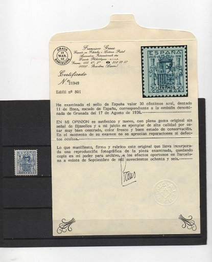 ESTADO ESPAÑOL (FRANCO) DEL AÑO 1936 Nº 801** ESCUDO DE ESPAÑA