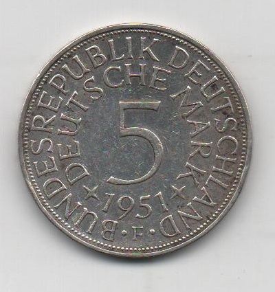 GERMANY YEAR 1951 LETTER F OF 5 MARKS