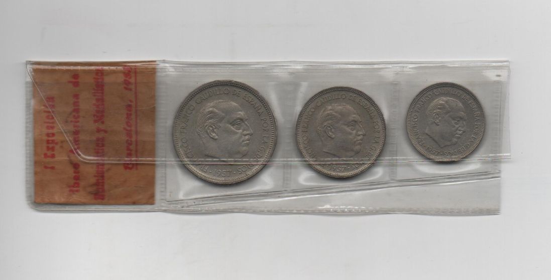 SPANIEN FRANCO UND IBEROAMERIKANISCHE AUSSTELLUNG FÜR MÜNZKUNDE UND MEDAILLENKUNST AUS DEM JAHR 1957 MÜNZSTÄTTE BA SERIE 3 WERTE: 5, 25 UND 50 PTS