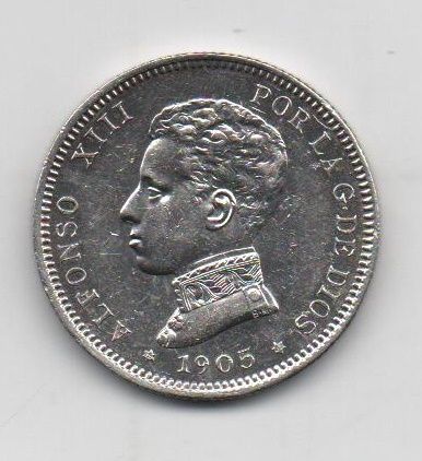 ALFONSO XIII DEL AÑO 1905 *5 DE 2 PESETAS BRILLO ORIGINAL