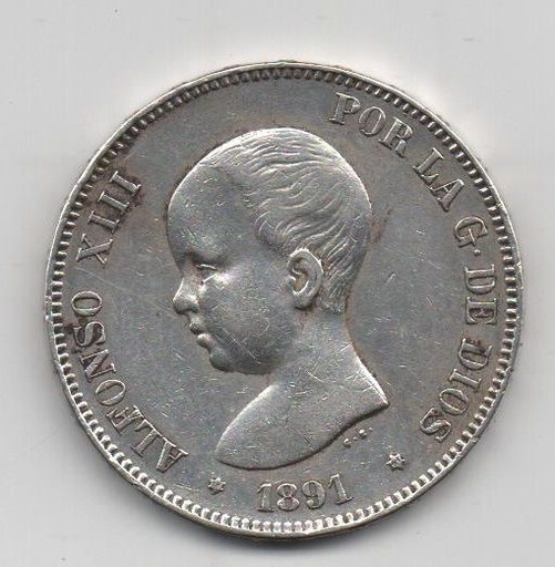 ALFONSO XIII DEL AÑO 1891 *91 DE 5 PESETAS