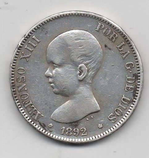 ALFONSO XIII DEL AÑO 1892 *92 DE 5 PESETAS