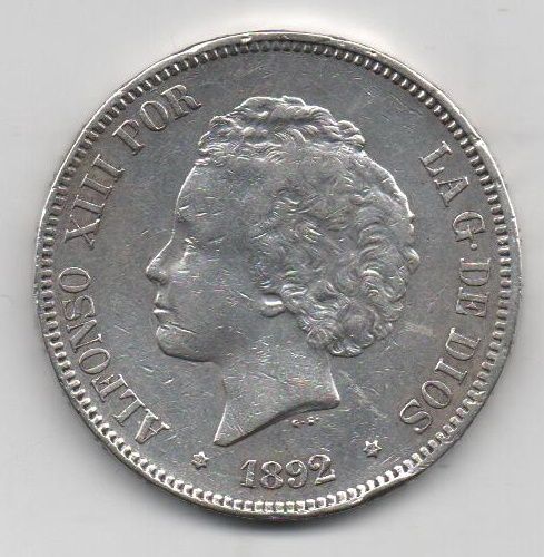 ALFONSO XIII DEL AÑO 1892 *92 RIZOS DE 5 PESETAS