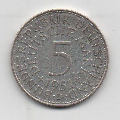 GERMANY YEAR 1951 FEDERAL LETTER D OF 5 MARKS