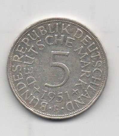 GERMANY YEAR 1951 FEDERAL LETTER F OF 5 MARKS