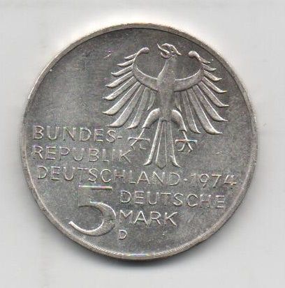 ALEMANIA FEDERAL DEL AÑO 1974 LETRA D DE 5 MARCOS