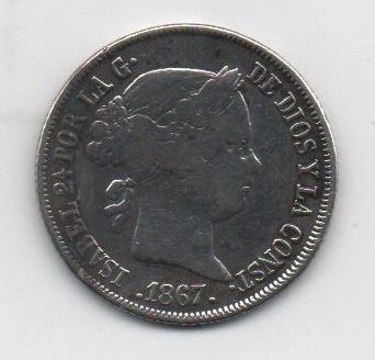 ESPAÑA ISABEL II DEL AÑO 1867 DE 40 CENTIMOS DE ESCUDO
