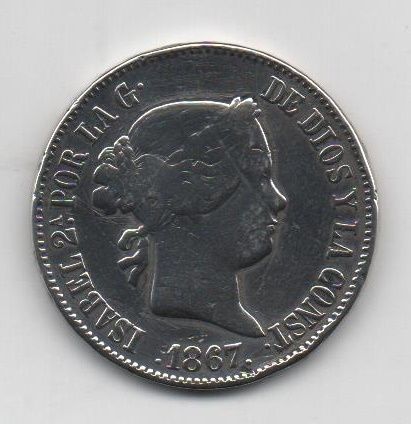 ESPAÑA ISABEL II DEL AÑO 1867 DE 1 ESCUDO
