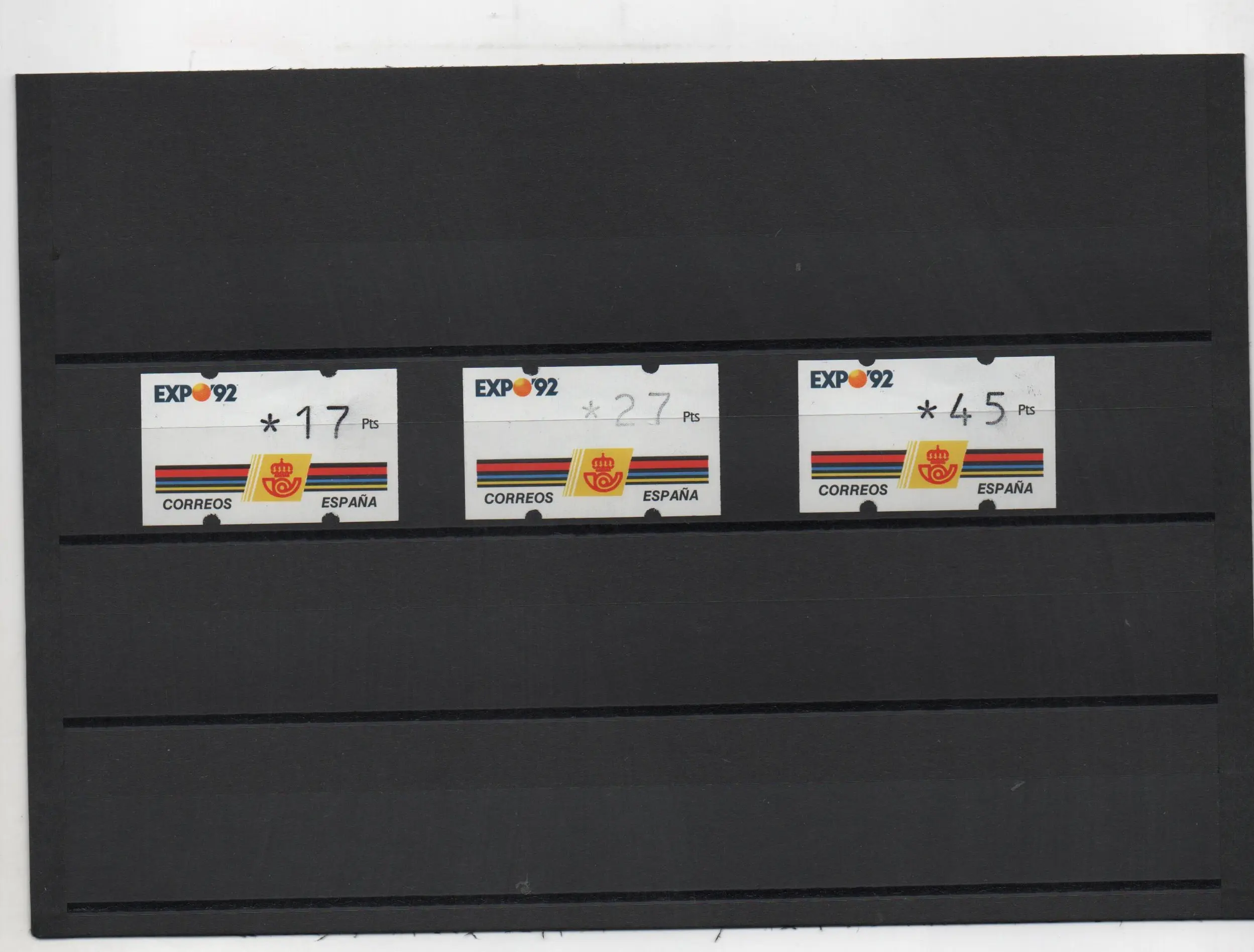 ETIQUETAS EXPO'92 3 VALORES  DE 3 DIGITOS CON NUMERO AL DORSO AÑO 1992