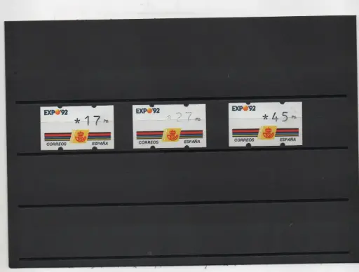 ETIQUETAS EXPO'92 3 VALORES  DE 3 DIGITOS CON NUMERO AL DORSO AÑO 1992