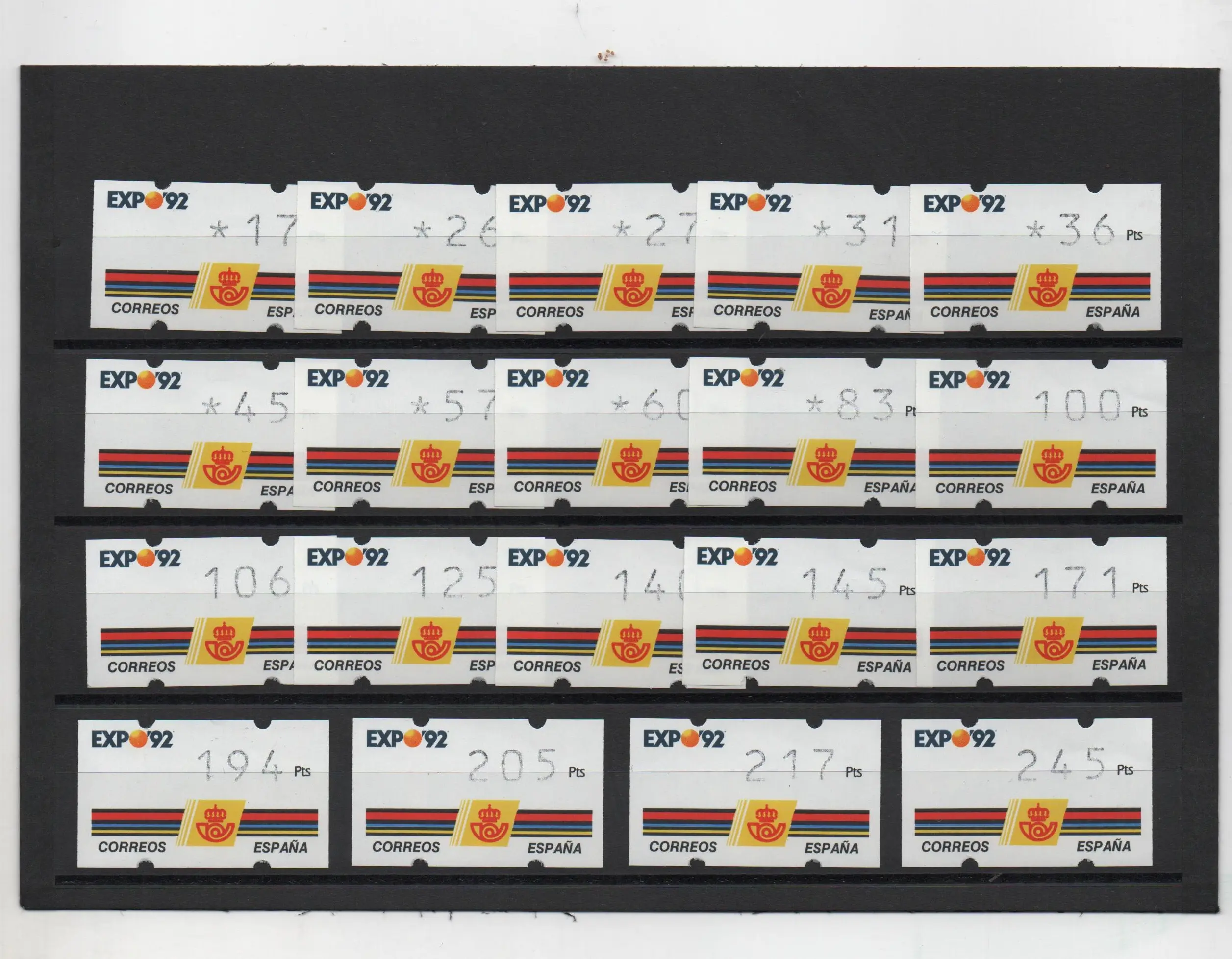 ETIQUETAS EXPO'92 19 VALORES CON 3 DIGITOS SIN NUMERO AÑO 1992