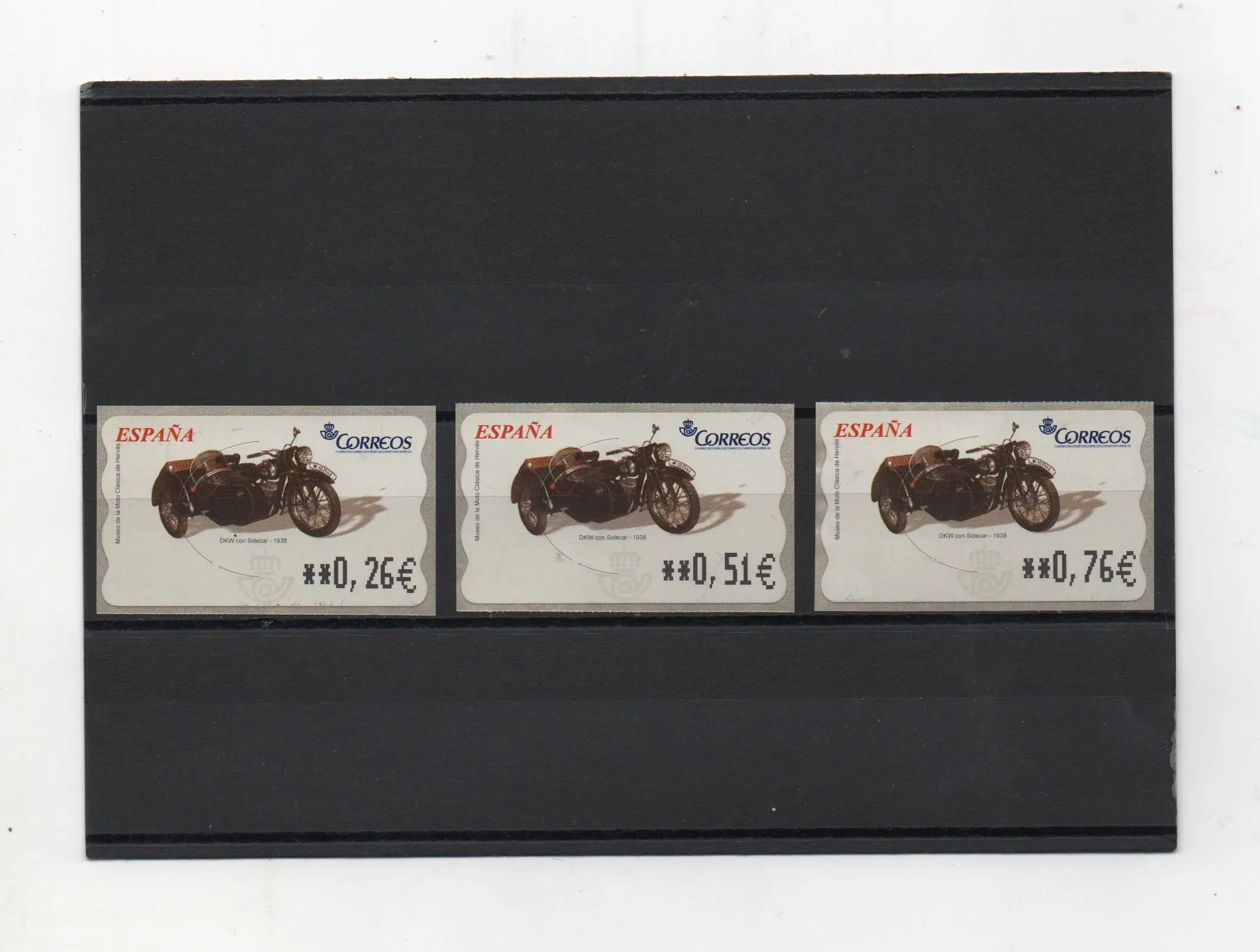 ETIQUETAS MOTOCICLETAS CLASICAS DKW CON SIDECAR 3 VALORES AÑO 2003