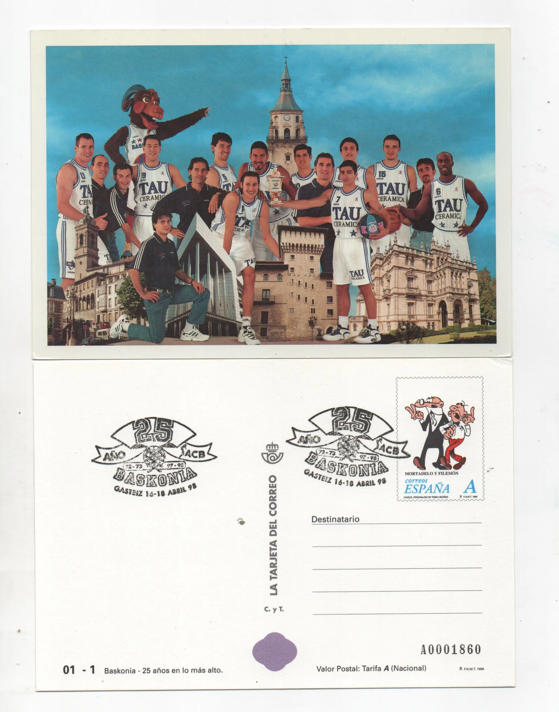 TARIFA A 25 AÑOS BASKONIA EQUIPO DE BALONCESTO CIRCULADA AÑO 1998