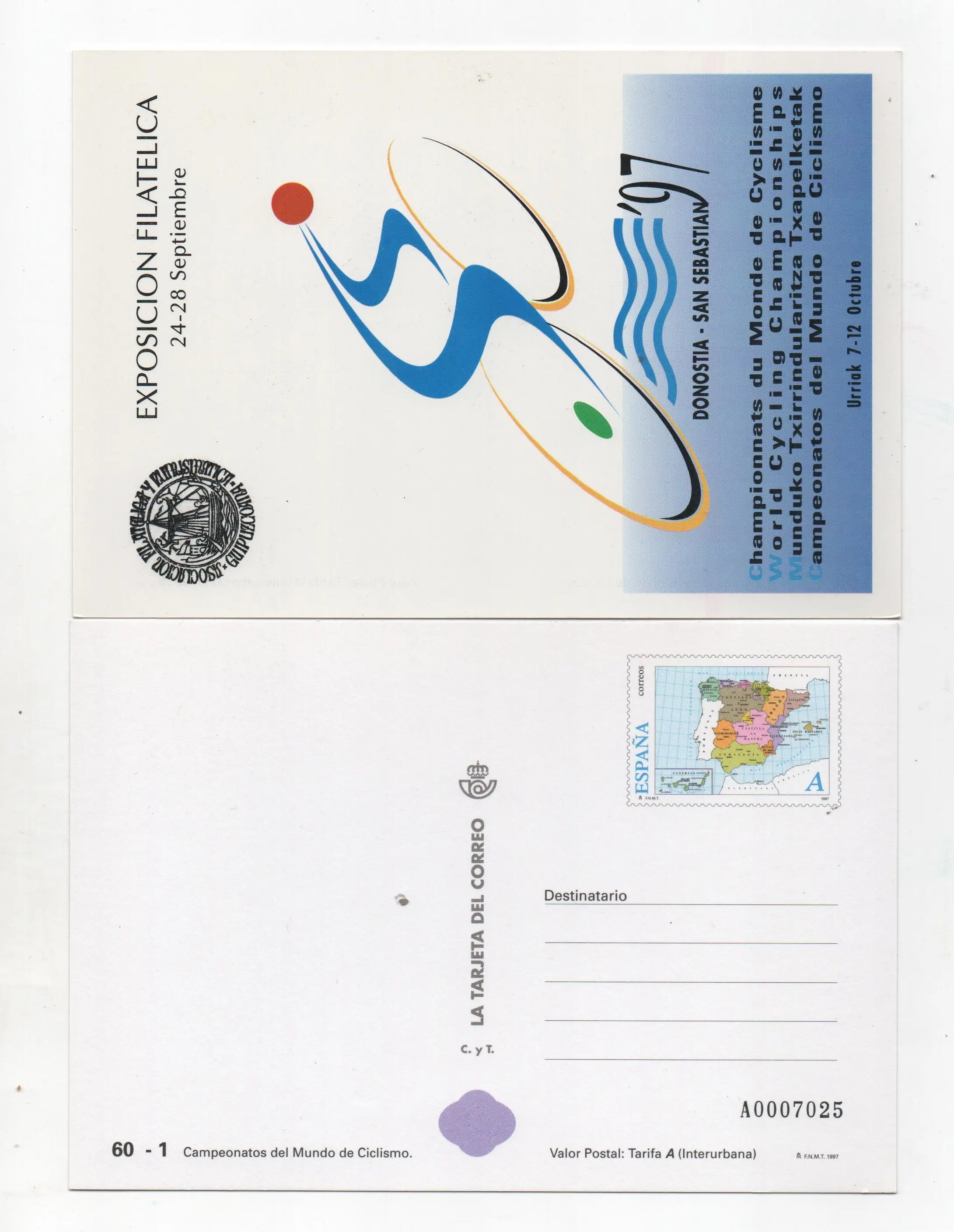 EXPOSICION FILATELICA CAMPEONATO DEL MUNDO DE CICLISMO TARIFA A Nº35 AÑO 1997